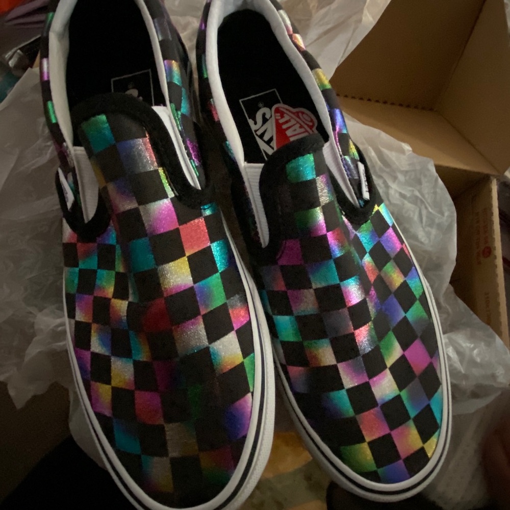 Rainbow iridescent/black slip on Vans